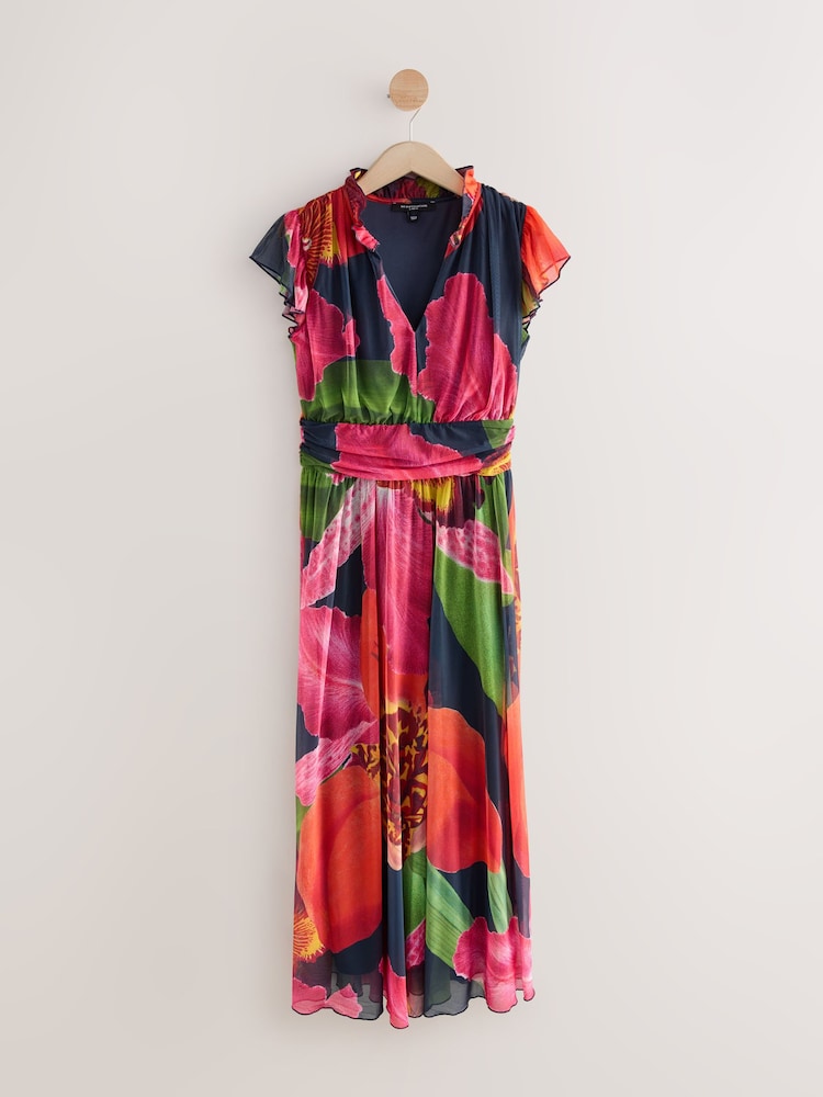 Navy Floral Pleated Mesh Print V-Neck Occasion Midi Dress - Image 1 of 3