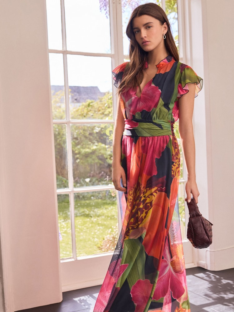 Kew Kollektion, Marineblau, Floral - Plissiertes Midikleid aus Netzstoff mit V-Ausschnitt und Print für besondere Anlässe - Bild 1 von 8 Kew Kollektion, Marineblau, Floral - Plissiertes Midikleid aus Netzstoff mit V-Ausschnitt und Print für besondere Anlässe - Bild 1 von 8