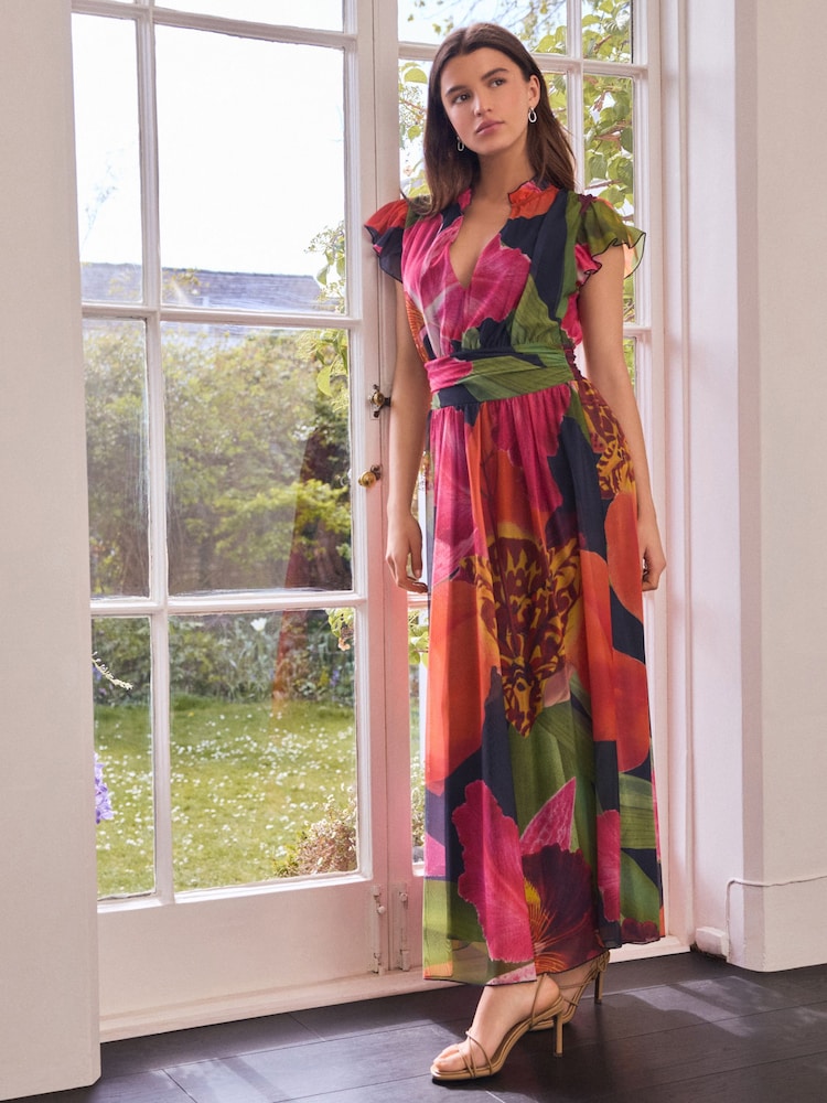 Kew Kollektion, Marineblau, Floral - Plissiertes Midikleid aus Netzstoff mit V-Ausschnitt und Print für besondere Anlässe - Bild 2 von 8 Kew Kollektion, Marineblau, Floral - Plissiertes Midikleid aus Netzstoff mit V-Ausschnitt und Print für besondere Anlässe - Bild 2 von 8