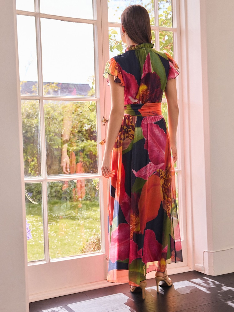 Kew Gardens Navy Floral Pleated Mesh Print V-Neck Occasion Midi Dress - Image 4 of 8