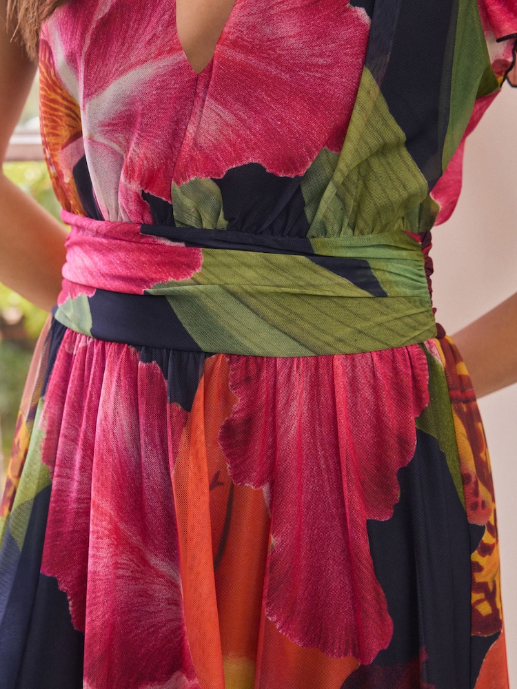 Kew Gardens Navy Floral Pleated Mesh Print V-Neck Occasion Midi Dress - Image 5 of 8
