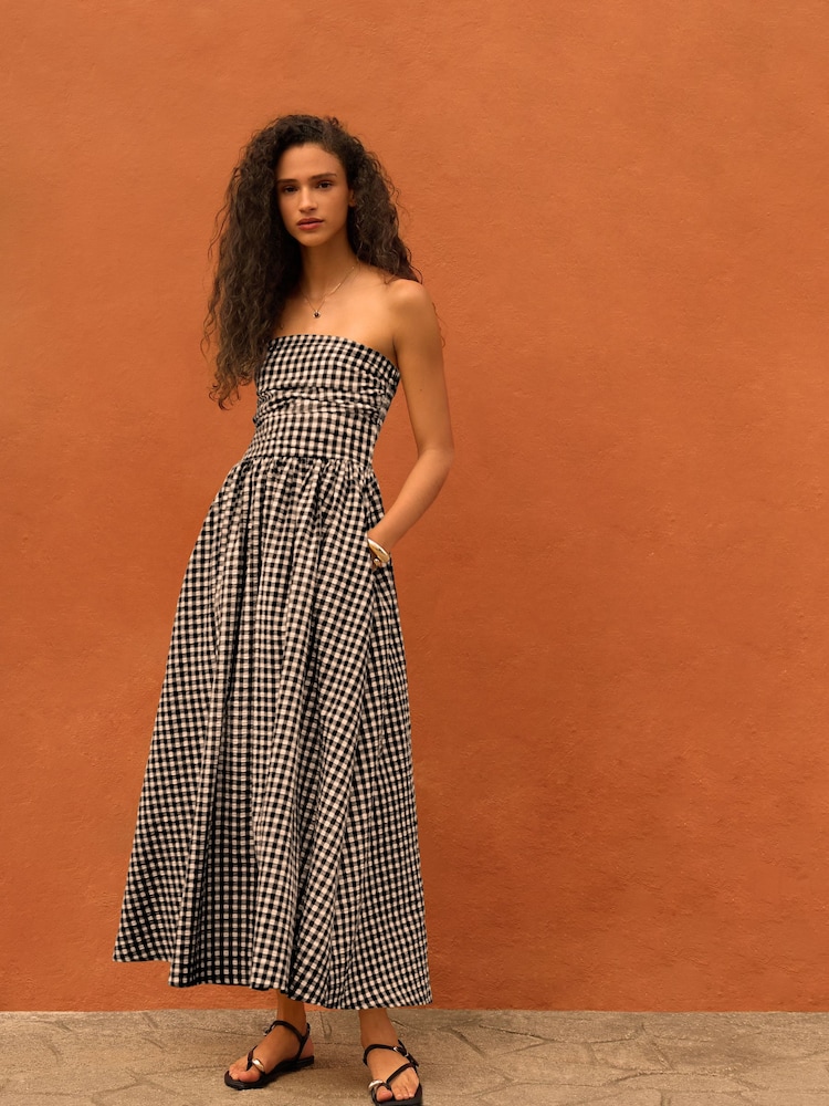 Black/White Gingham Seersucker Bandeau Midi Summer Dress - Image 1 of 3