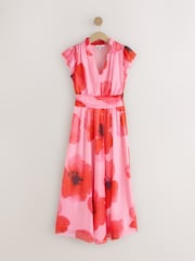 Red/Pink Floral Pleated Mesh Print V-Neck Occasion Midi Dress - Image 1 of 3