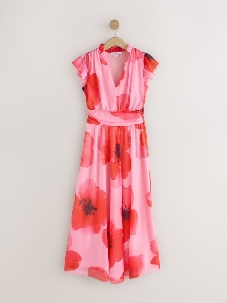 Red/Pink Floral Pleated Mesh Print V-Neck Occasion Midi Dress - Image 1 of 3