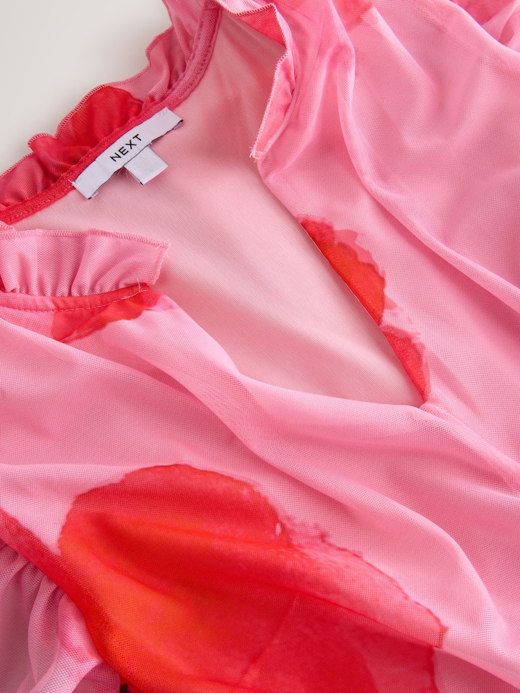 Red/Pink Floral Pleated Mesh Print V-Neck Occasion Midi Dress - Image 2 of 3