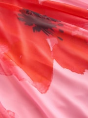 Red/Pink Floral Pleated Mesh Print V-Neck Occasion Midi Dress - Image 3 of 3