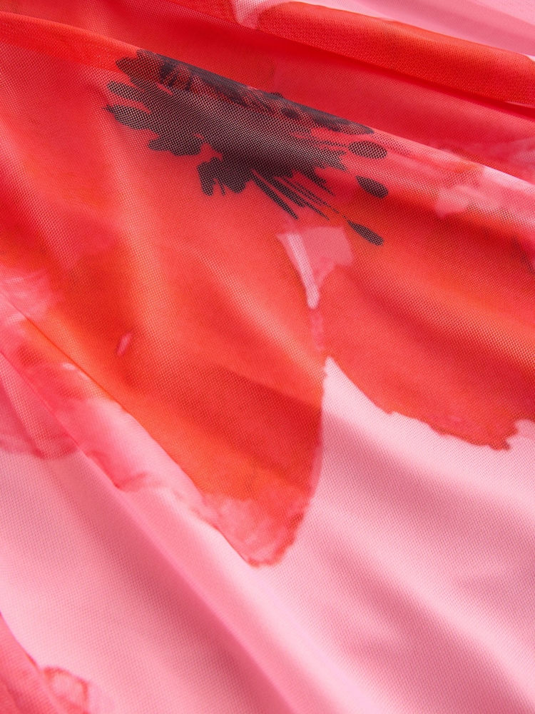Red/Pink Floral Pleated Mesh Print V-Neck Occasion Midi Dress - Image 3 of 3