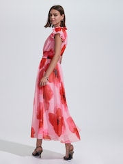 Red/Pink Floral Pleated Mesh Print V-Neck Occasion Midi Dress - Image 4 of 8