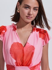 Red/Pink Floral Pleated Mesh Print V-Neck Occasion Midi Dress - Image 5 of 8