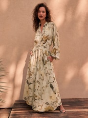 Pastel Green Floral N.Premium Tie Neck Waisted Occasion Dress - Image 1 of 4