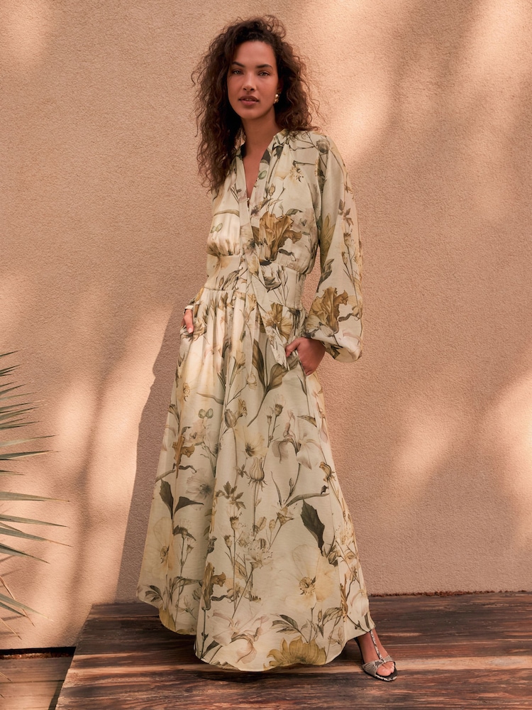 Pastel Green Floral N.Premium Tie Neck Waisted Occasion Dress - Image 1 of 4