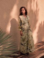 Pastel Green Floral N.Premium Tie Neck Waisted Occasion Dress - Image 2 of 4
