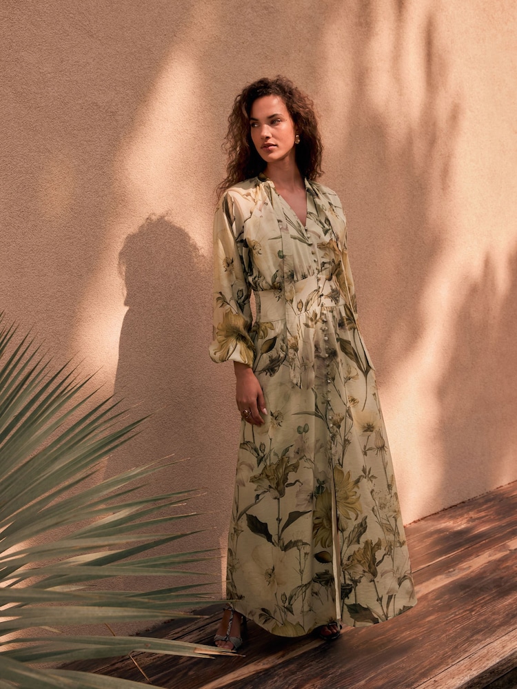 Pastel Green Floral N.Premium Tie Neck Waisted Occasion Dress - Image 2 of 4