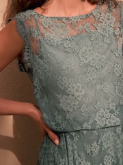 Azul empoeirado - Maxi dress drapeado com detalhes em renda para ocasiões especiais - Imagem 5 de 8