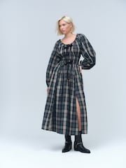 Khaki Green Check - Long Sleeve Bow Front Midi Dress - Imagem 1 de 7