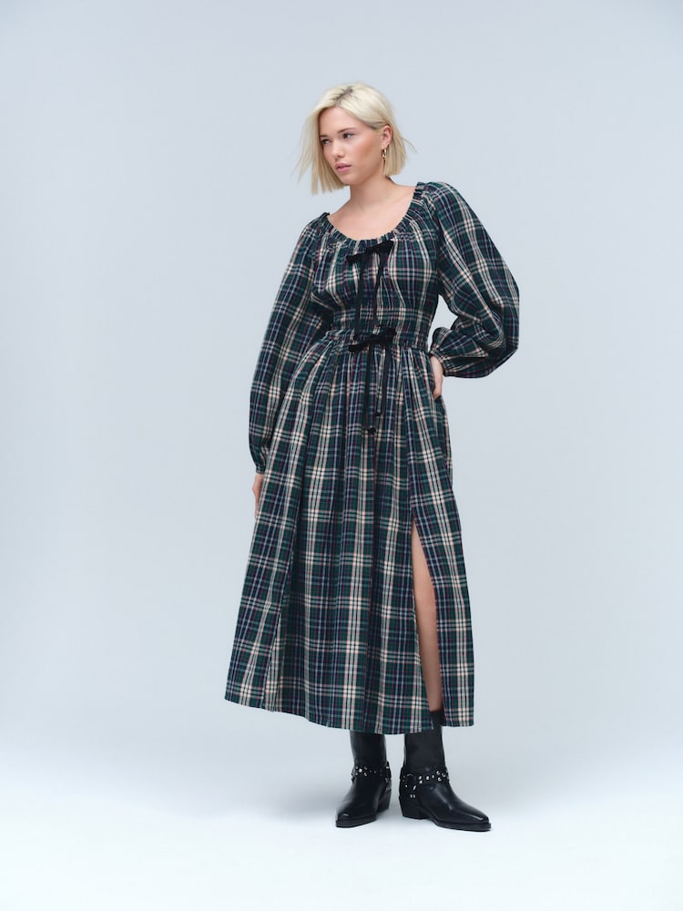 Khaki Green Check - Long Sleeve Bow Front Midi Dress - Imagem 1 de 7