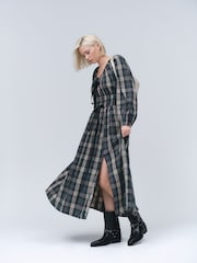 Khaki Green Check - Long Sleeve Bow Front Midi Dress - Imagem 2 de 7