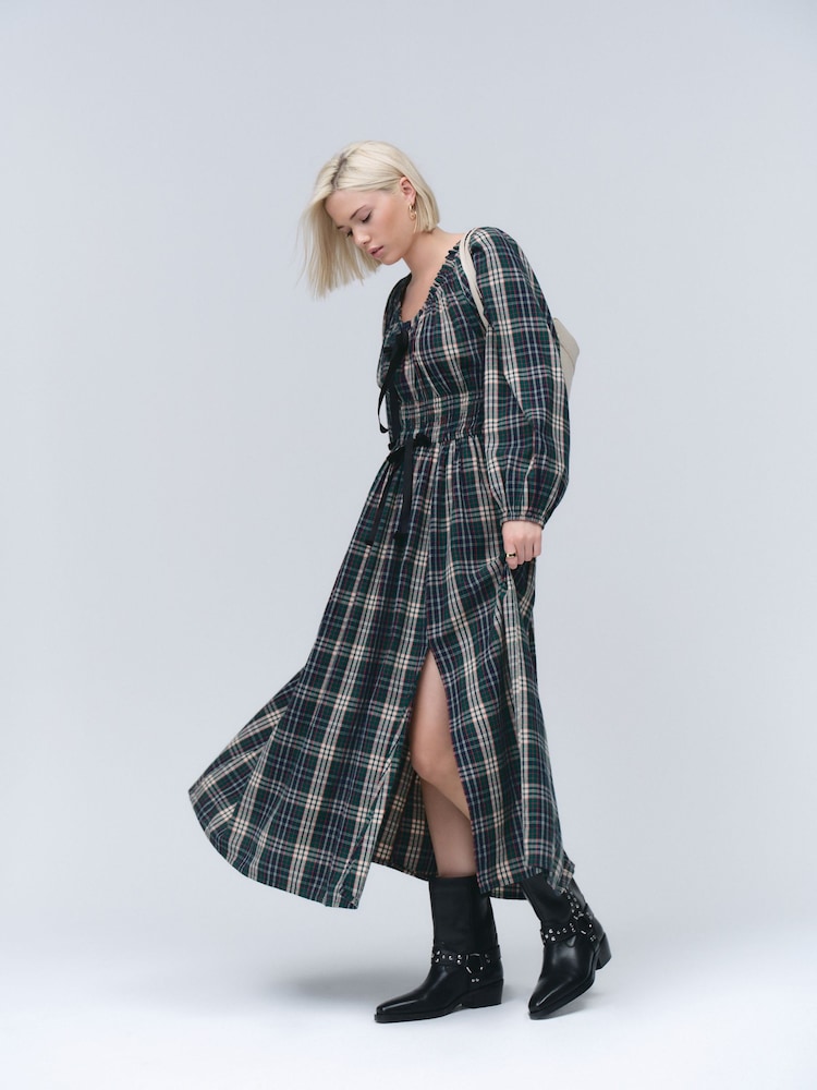 Khaki Green Check - Long Sleeve Bow Front Midi Dress - Imagem 2 de 7
