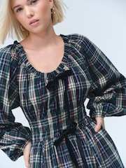 Khaki Green Check - Long Sleeve Bow Front Midi Dress - Imagem 4 de 7