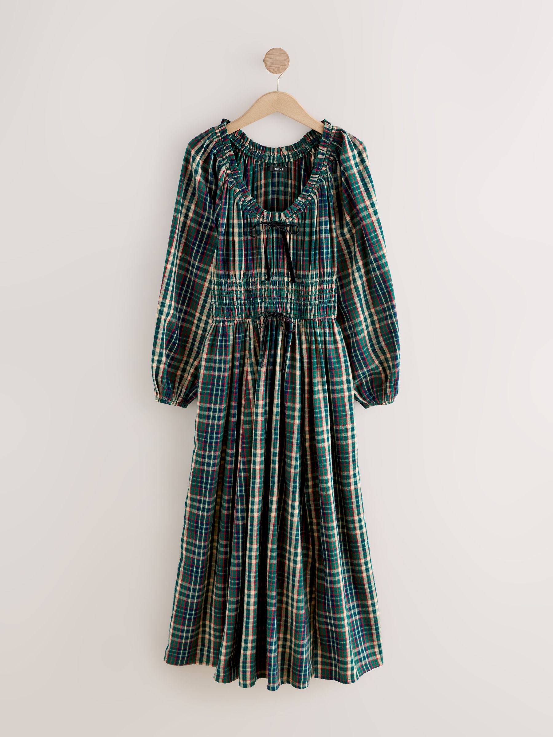 Buy Khaki Green Check Balloon Sleeve Seersucker Midi Dress from