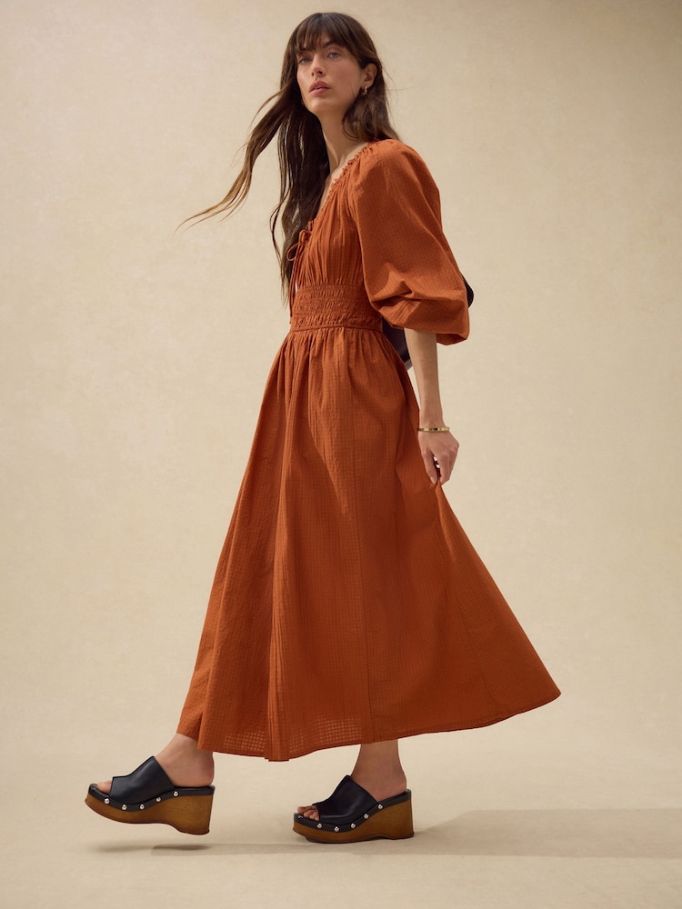 Rust Brown Balloon Sleeve Seersucker Midi Dress - Image 1 of 7 Rust Brown Balloon Sleeve Seersucker Midi Dress - Image 1 of 7