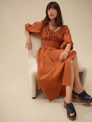 Rust Brown Balloon Sleeve Seersucker Midi Dress - Image 2 of 7