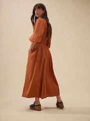 Rust Brown Balloon Sleeve Seersucker Midi Dress - Image 3 of 7