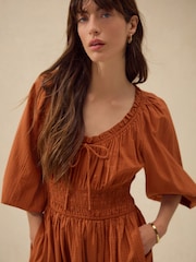 Rust Brown Balloon Sleeve Seersucker Midi Dress - Image 4 of 7
