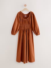 Rust Brown Balloon Sleeve Seersucker Midi Dress - Image 5 of 7