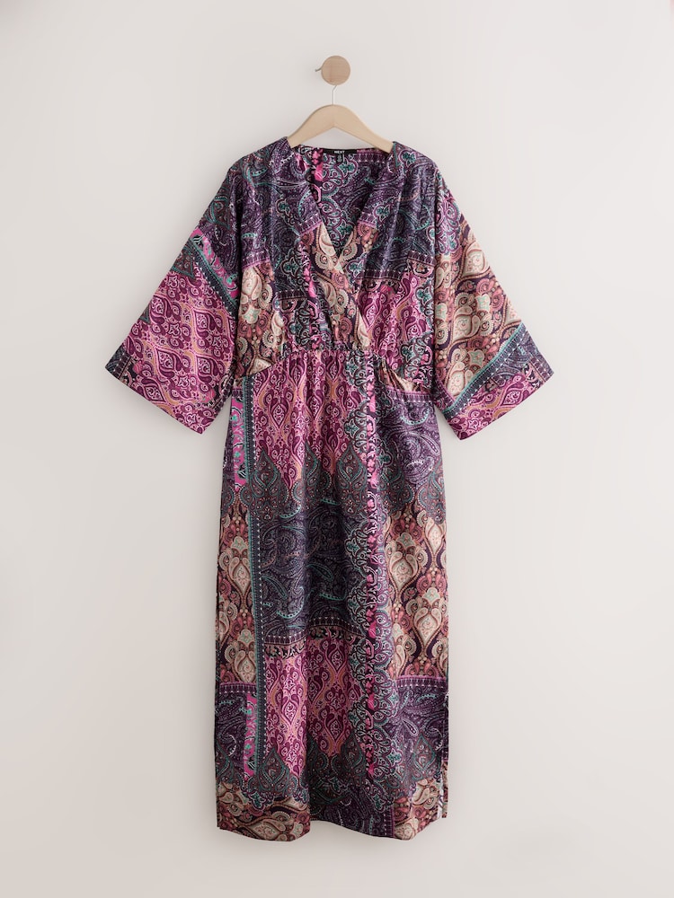 Pink & Purple Paisley Print Kimono Sleeve Waisted Midi Dress - Image 1 of 3