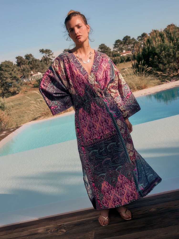 Pink & Purple Paisley Print Kimono Sleeve Waisted Midi Dress - Image 1 of 7 Pink & Purple Paisley Print Kimono Sleeve Waisted Midi Dress - Image 1 of 7