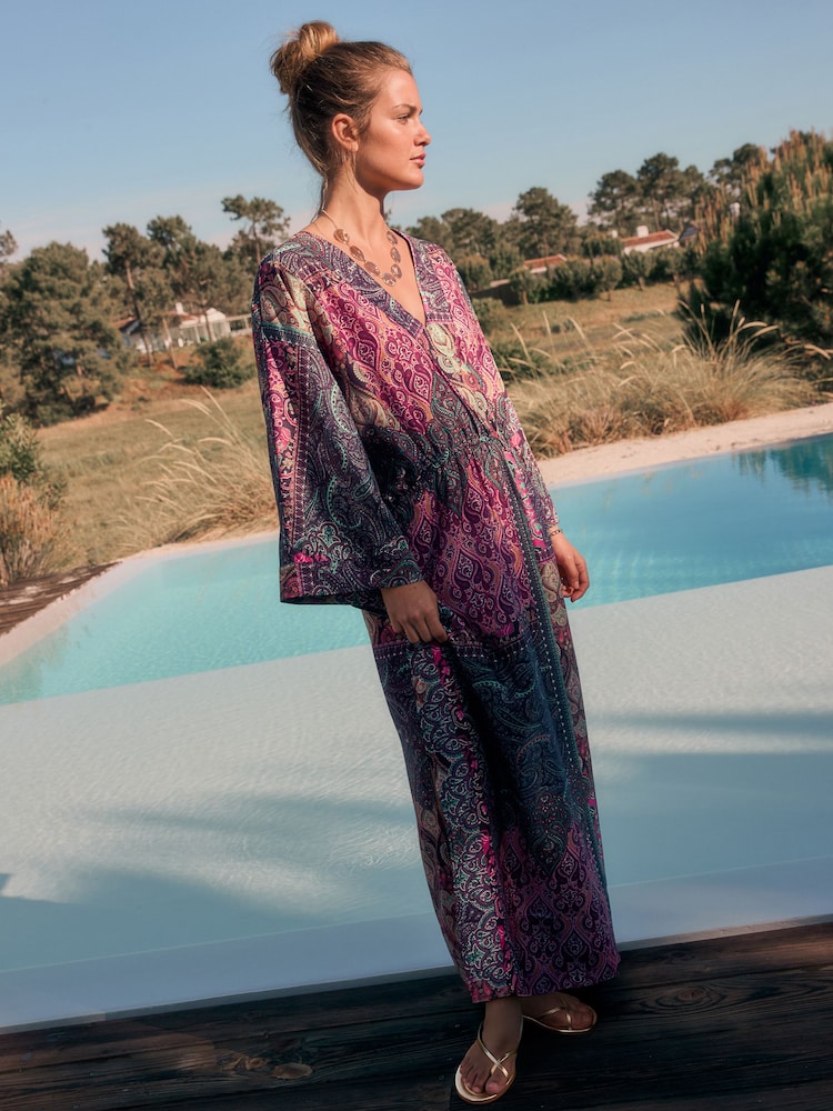 Pink & Purple Paisley Print Kimono Sleeve Waisted Midi Dress - Image 2 of 7 Pink & Purple Paisley Print Kimono Sleeve Waisted Midi Dress - Image 2 of 7
