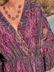 Pink & Purple Paisley Print Kimono Sleeve Waisted Midi Dress - Image 4 of 7