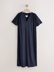 Navy Blue V-Neck Midi Dress with Linen - Image 1 of 3