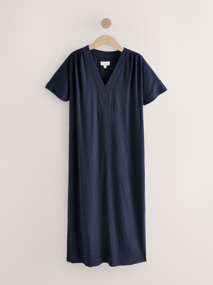 Navy Blue V-Neck Midi Dress with Linen - Image 1 of 3