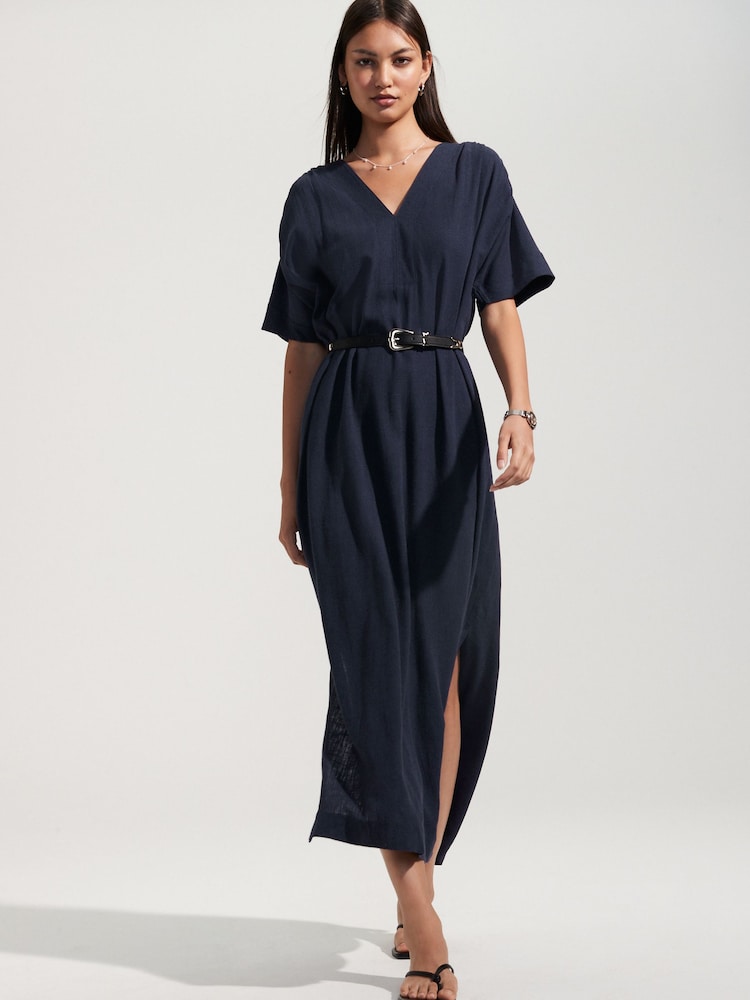 Marineblau/blau - Midikleid mit V-Ausschnitt aus Leinen - Bild 1 von 9 Marineblau/blau - Midikleid mit V-Ausschnitt aus Leinen - Bild 1 von 9