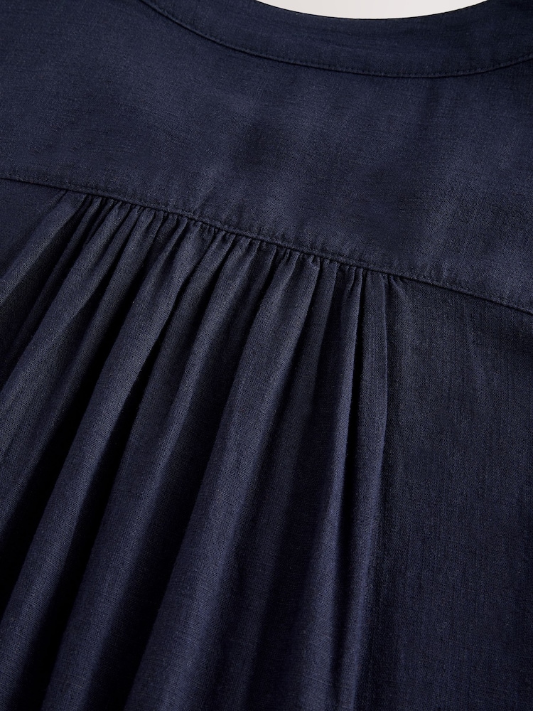 Navy Blue V-Neck Midi Dress with Linen - Image 2 of 3
