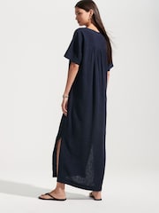 Navy Blue V-Neck Midi Dress with Linen - Image 4 of 9