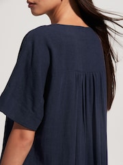Navy Blue V-Neck Midi Dress with Linen - Image 5 of 9