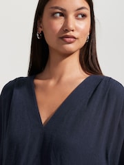 Navy Blue V-Neck Midi Dress with Linen - Image 6 of 9