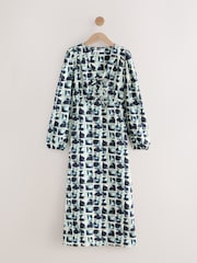 Black White Tile Print Long Sleeve Tie Front Midi Dress - Image 1 of 3