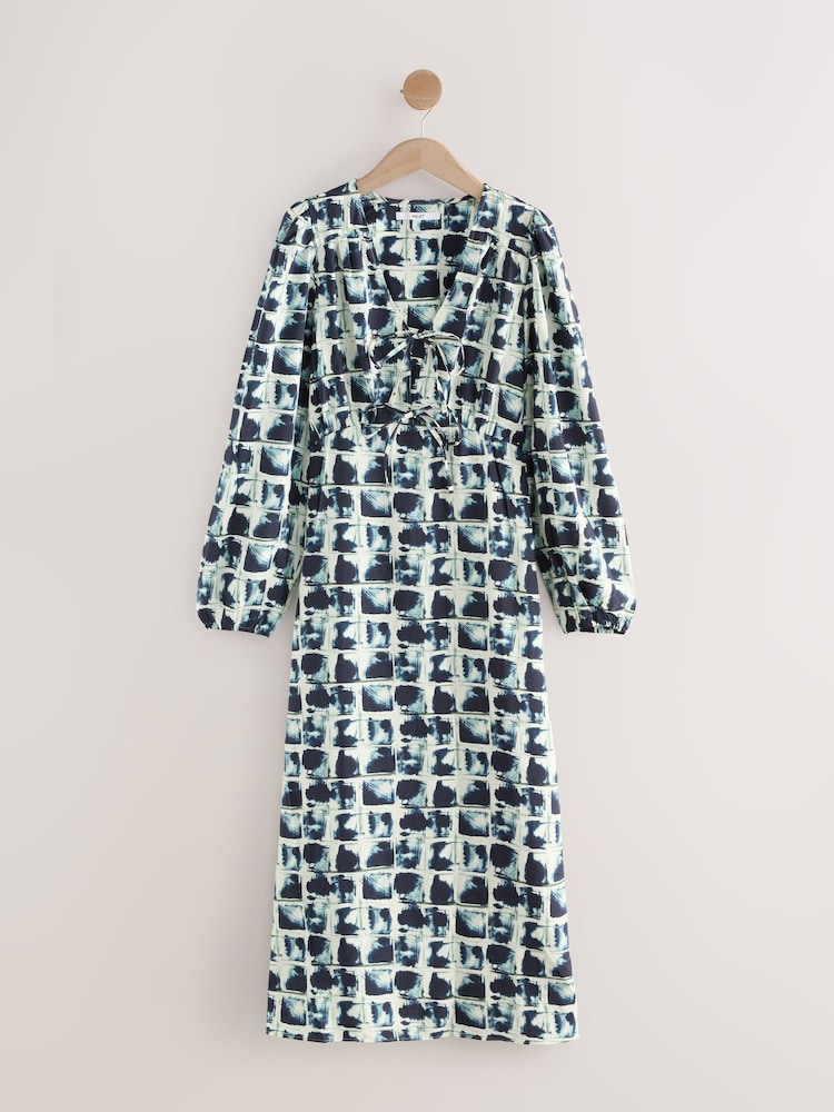 Black White Tile Print Long Sleeve Tie Front Midi Dress - Image 1 of 3
