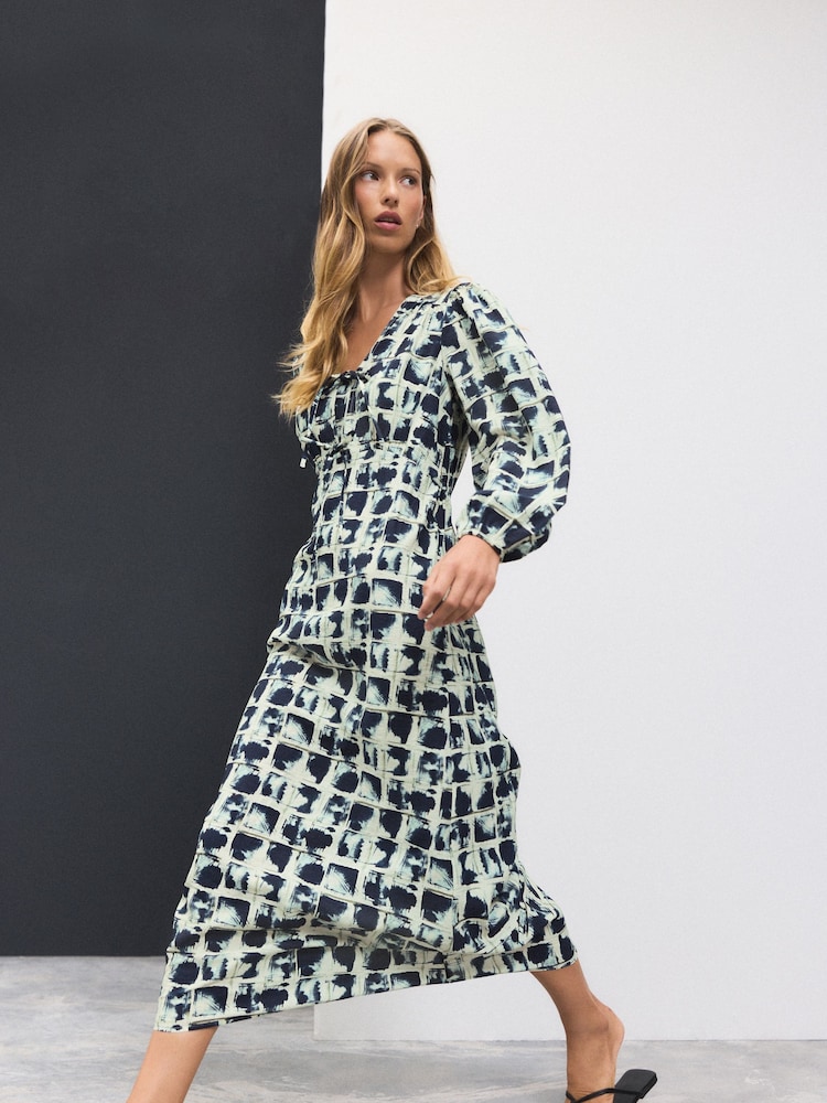 Black White Tile Print Long Sleeve Tie Front Midi Dress - Image 1 of 7 Black White Tile Print Long Sleeve Tie Front Midi Dress - Image 1 of 7