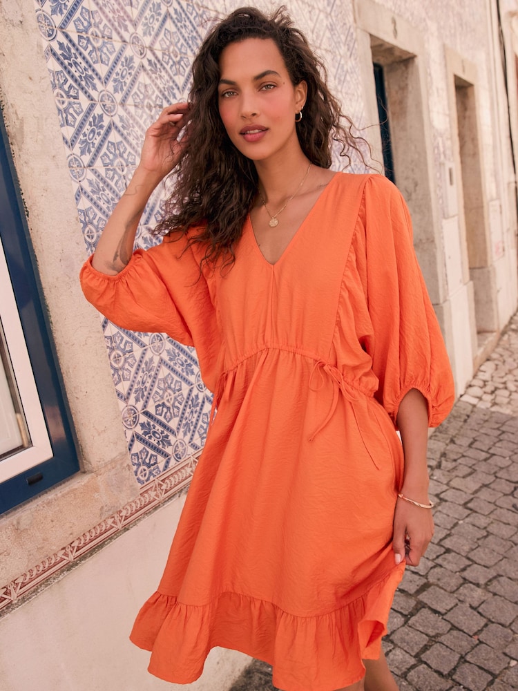 Bright Orange Volume Sleeve Tie Mini Dress - Image 1 of 5