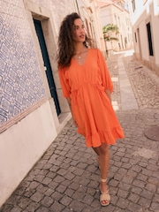 Bright Orange Volume Sleeve Tie Mini Dress - Image 2 of 5