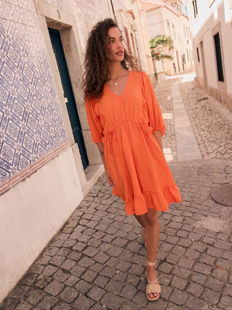 Bright Orange Volume Sleeve Tie Mini Dress - Image 2 of 5