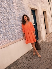 Bright Orange Volume Sleeve Tie Mini Dress - Image 3 of 5