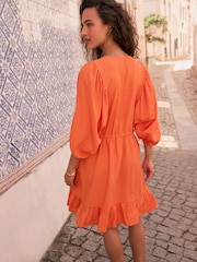 Bright Orange Volume Sleeve Tie Mini Dress - Image 4 of 5