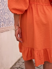 Bright Orange Volume Sleeve Tie Mini Dress - Image 5 of 5