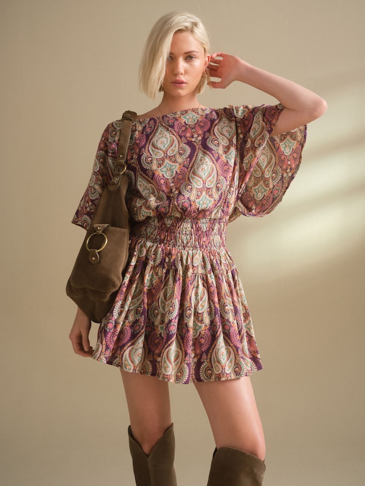 Pink/Purple Paisly Print - Shirred Waist Playsuit - Slika 1 iz 8
